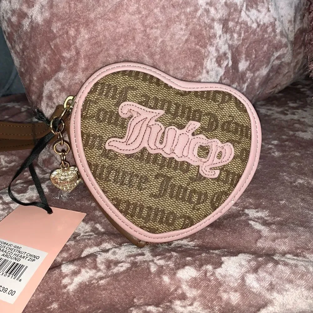 Juicy Couture Brown & Pink Heart Zip Up Pouch Wallet